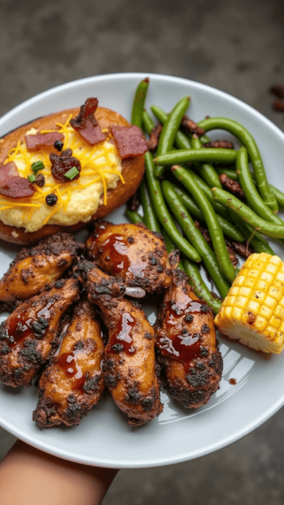BBQ Glazed Chicken Wings with Loaded Potato, Sweet Corn & Garlic Green Beans